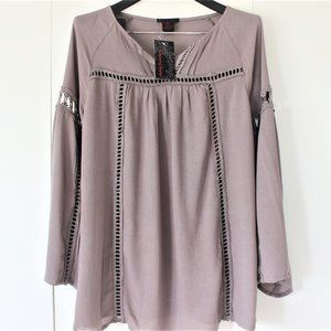 Boho Gipsy Blouse Top Taupe Tunic Bell Sleeve